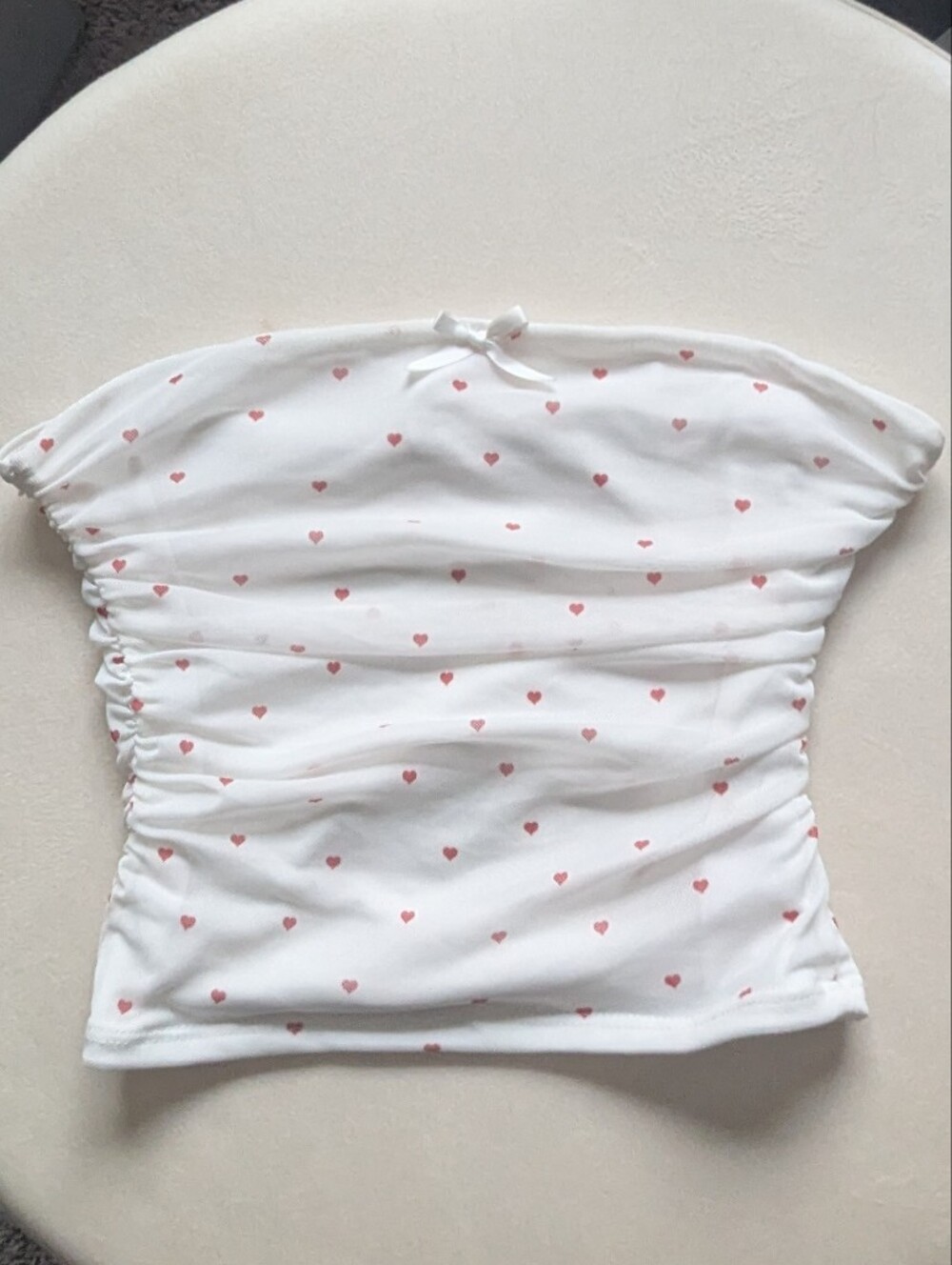 White Strapless Crop Top with Red Heart Print